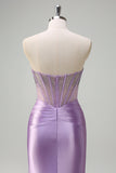 Beaded Lilac Corset Strapless Mermaid Satin Prom Dress