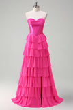 Fuchsia A Line Tiered Corset Prom Dress with Slit