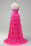 Fuchsia A Line Tiered Corset Prom Dress with Slit