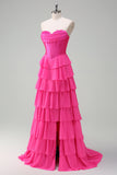 Fuchsia A Line Tiered Corset Prom Dress with Slit