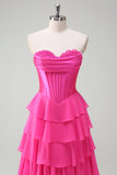 Fuchsia A Line Tiered Corset Prom Dress with Slit