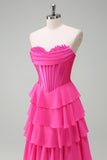 Fuchsia A Line Tiered Corset Prom Dress with Slit