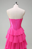 Fuchsia A Line Tiered Corset Prom Dress with Slit