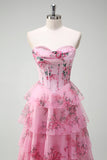 Blush Floral A Line Strapless Corset Tiered Prom Dress