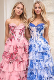 Blush Floral A Line Strapless Corset Tiered Prom Dress