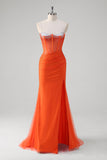 Orange Corset Tulle Slit Mermaid Prom Dress with Beading