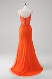 Orange Corset Tulle Slit Mermaid Prom Dress with Beading