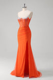 Orange Corset Tulle Slit Mermaid Prom Dress with Beading