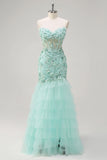 Green Corset Sequined Sweetheart Mermaid Tulle Prom Dress with Appliques