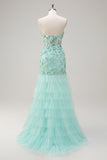 Green Corset Sequined Sweetheart Mermaid Tulle Prom Dress with Appliques