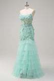 Green Corset Sequined Sweetheart Mermaid Tulle Prom Dress with Appliques