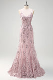 Grey Pink Mermaid Corset Sequined Floor Length Prom Dress