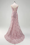 Grey Pink Mermaid Corset Sequined Floor Length Prom Dress