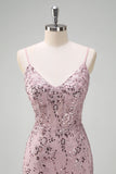 Grey Pink Mermaid Corset Sequined Floor Length Prom Dress