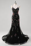 Black Sequined Lace-up Back Mermaid Tulle Prom Dress