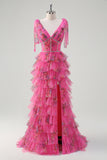 Fuchsia A Line V Neck Tiered Floral Prom Dress with Slit