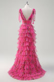 Fuchsia A Line V Neck Tiered Floral Prom Dress with Slit