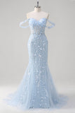 Blue Off the Shoulder Corset Mermaid Prom Dress with Appliques