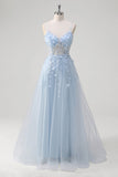 Blue A Line Spaghetti Straps Tulle Prom Dress with Appliques