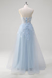 Blue A Line Spaghetti Straps Tulle Prom Dress with Appliques