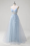 Blue A Line Spaghetti Straps Tulle Prom Dress with Appliques