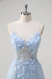 Blue A Line Spaghetti Straps Tulle Prom Dress with Appliques