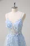 Blue A Line Spaghetti Straps Tulle Prom Dress with Appliques