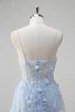 Blue A Line Spaghetti Straps Tulle Prom Dress with Appliques