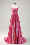 Metallic Fuchsia A Line Pleated Keyhole Floor Length Prom Dress with Slit