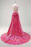 Metallic Fuchsia A Line Pleated Keyhole Floor Length Prom Dress with Slit