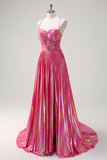 Metallic Fuchsia A Line Pleated Keyhole Floor Length Prom Dress with Slit