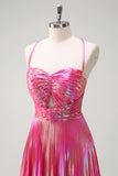 Metallic Fuchsia A Line Pleated Keyhole Floor Length Prom Dress with Slit