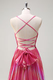 Metallic Fuchsia A Line Pleated Keyhole Floor Length Prom Dress with Slit