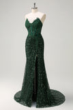 Sparkly Dark Green Ruched Corset Floor Length Prom Dress with Slit