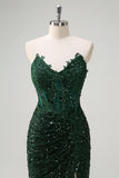 Sparkly Dark Green Ruched Corset Floor Length Prom Dress with Slit