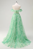 Floral Green Strapless A Line Corset Long Prom Dress with Slit