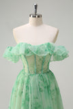 Floral Green Strapless A Line Corset Long Prom Dress with Slit