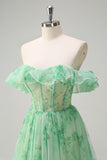 Floral Green Strapless A Line Corset Long Prom Dress with Slit