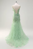 Green Tulle Slit Beaded Floor Length Prom Dress with 3D Appliques