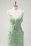 Green Tulle Slit Beaded Floor Length Prom Dress with 3D Appliques