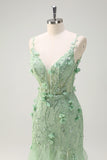 Green Tulle Slit Beaded Floor Length Prom Dress with 3D Appliques