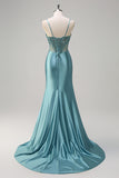 Mermaid Satin Sequined Corset Grey Green Prom Dress with Slit