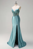 Mermaid Satin Sequined Corset Grey Green Prom Dress with Slit