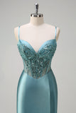 Mermaid Satin Sequined Corset Grey Green Prom Dress with Slit