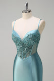 Mermaid Satin Sequined Corset Grey Green Prom Dress with Slit