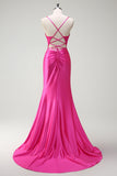 Beaded Corset Mermaid Fuchsia Prom Dress with Slit