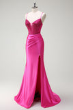 Beaded Corset Mermaid Fuchsia Prom Dress with Slit