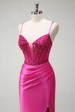 Beaded Corset Mermaid Fuchsia Prom Dress with Slit