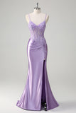 Lilac Corset Spaghetti Straps Mermaid Prom Dress with Appliques and Slit