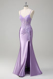 Lilac Corset Spaghetti Straps Mermaid Prom Dress with Appliques and Slit